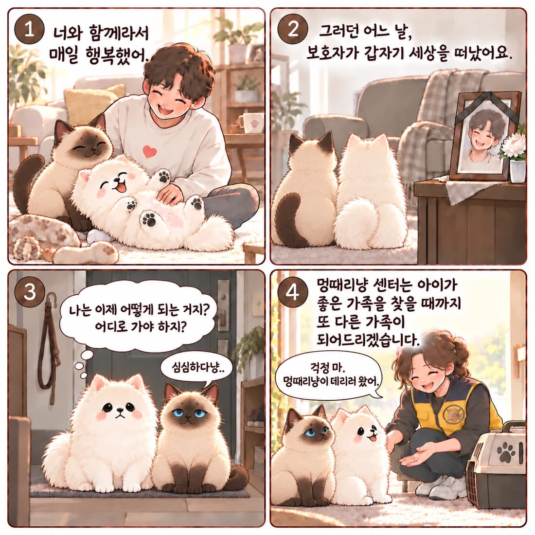 너와 함께라서 매일 행복했어. 그러던 어느 날 보호자가 갑자기 세상을 떠났어요. 나는 이제 어떻게 되는 거지? 어디로 가야 하지? 멍때리냥 센터는 아이가 좋은 가족을 찾을 때까지 또 다른 가족이 되어드리겠습니다.